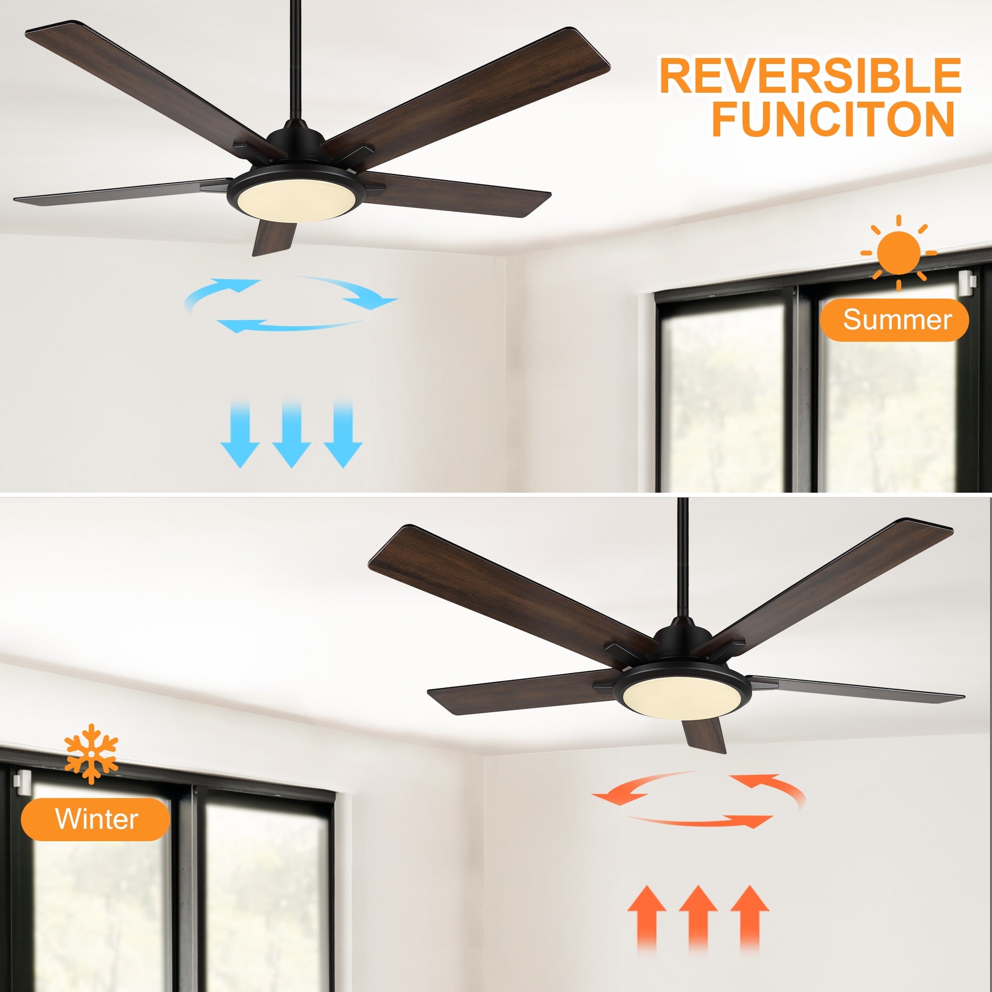 OUTON 52" Ceiling Fans with Lights & Remote Control, LED Indoor Outdoor Dimmable Modern Ceiling Fan for Bedroom, Living Room