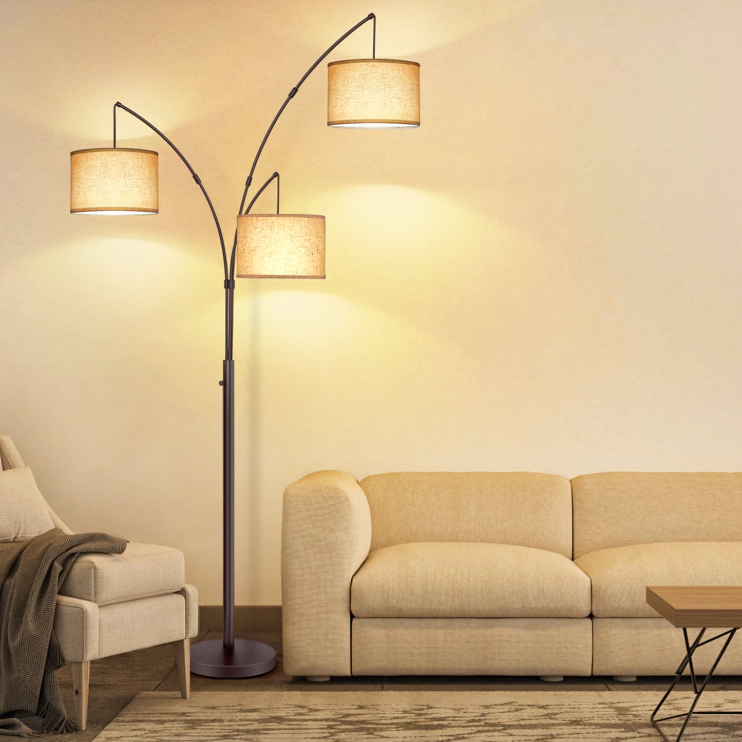 OUTON 3 Light Floor Lamp, 80" Mordern Standing Lamp with Linen Lamp Shade, Arc Floor Lamp for Living Room, Bedroom, Office, 3 Bulbs Includes(Black)