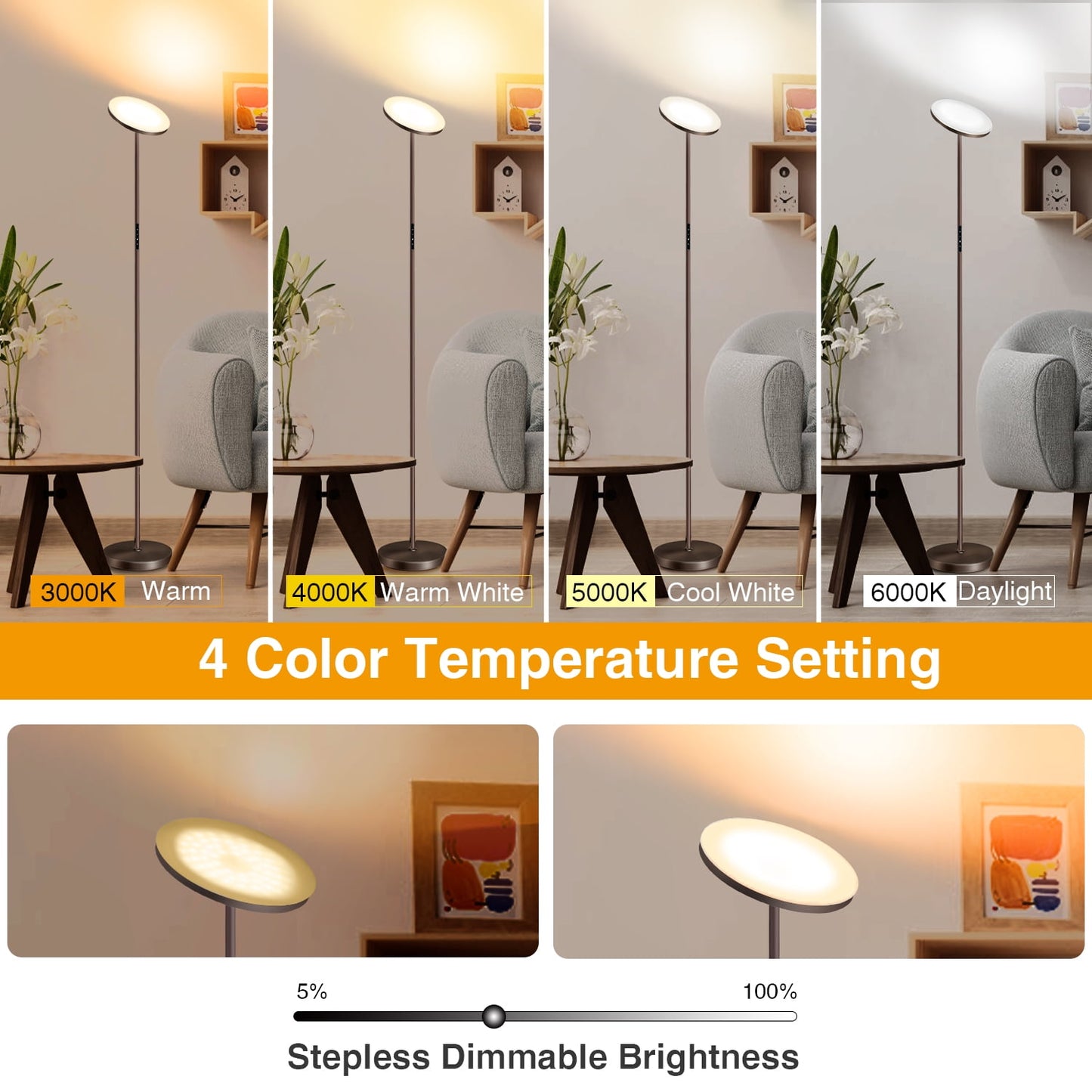 Outon LED Torchiere Floor Lamp with Remote Control Super Bright 4 Color Temperature Dimmable Lamp for Living Room, Brown