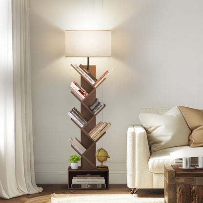 OUTONLIFE Tree Bookshelf with Light, 6-Tier Floor Standing Bookcase with Drawer for Living Room Bedroom, Office, Walnut