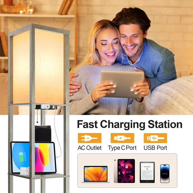 Outon Floor Lamp with Shelves, USB Port, Linen Shade 63.7'' Memory Function Tall LED Wood Shelf Floor Lamp for Living Room, Bedroom(Grey)