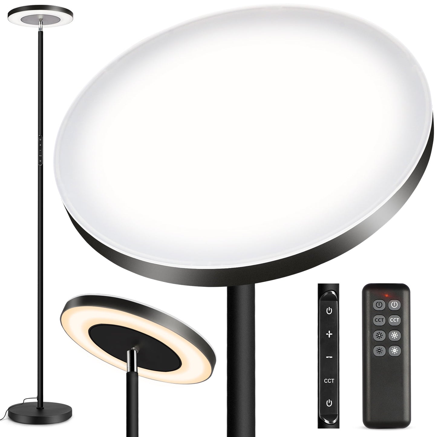 OUTON 71" Torchiere LED Floor Lamp with Remote and Touch Control, Super Bright 4 Color Temperature Standing Light with Double Side Lighting, Black