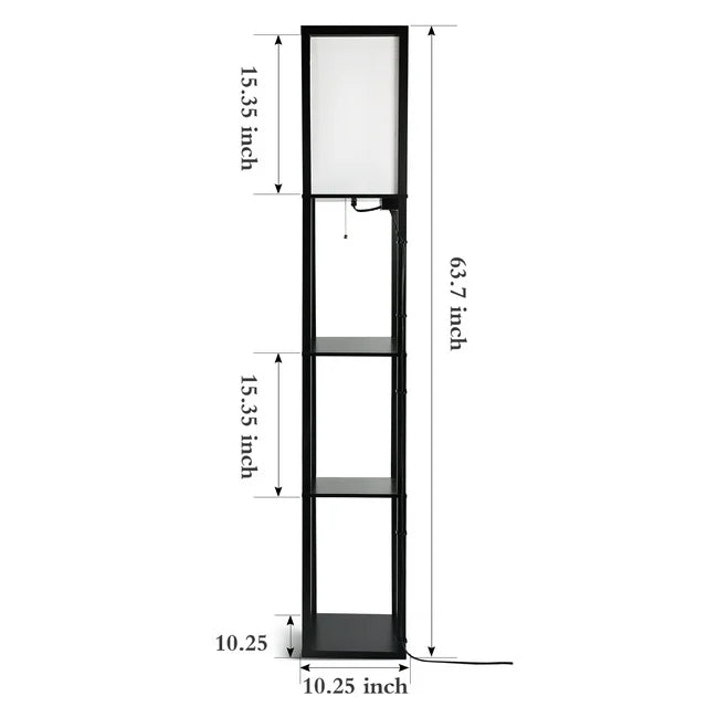 Outon Floor Lamp with Shelves, USB Port, 63.7'' Linen Shade Memory Function Shelf Floor Lamp Tall Wood Standing Floor Lamps for Living Room, Bedroom（Black）