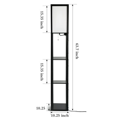 Outon Floor Lamp with Shelves, USB Port, 63.7'' Linen Shade Memory Function Shelf Floor Lamp Tall Wood Standing Floor Lamps for Living Room, Bedroom（Black）