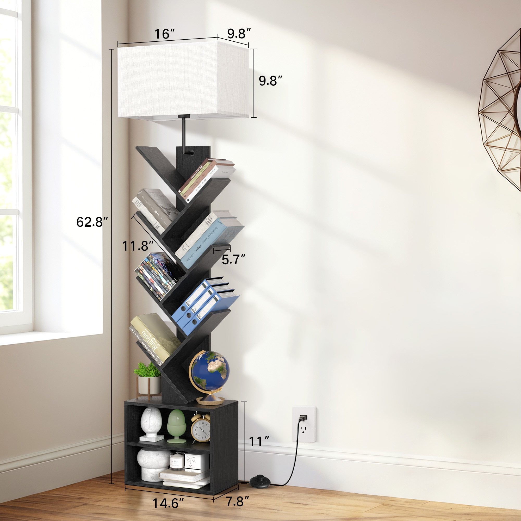 OUTONLIFE Floor Lamp with Remote,Tree Bookshelf with Light, 6-Tier Coner Bookcase with Drawer for Living Room Bedroom, Office, Black