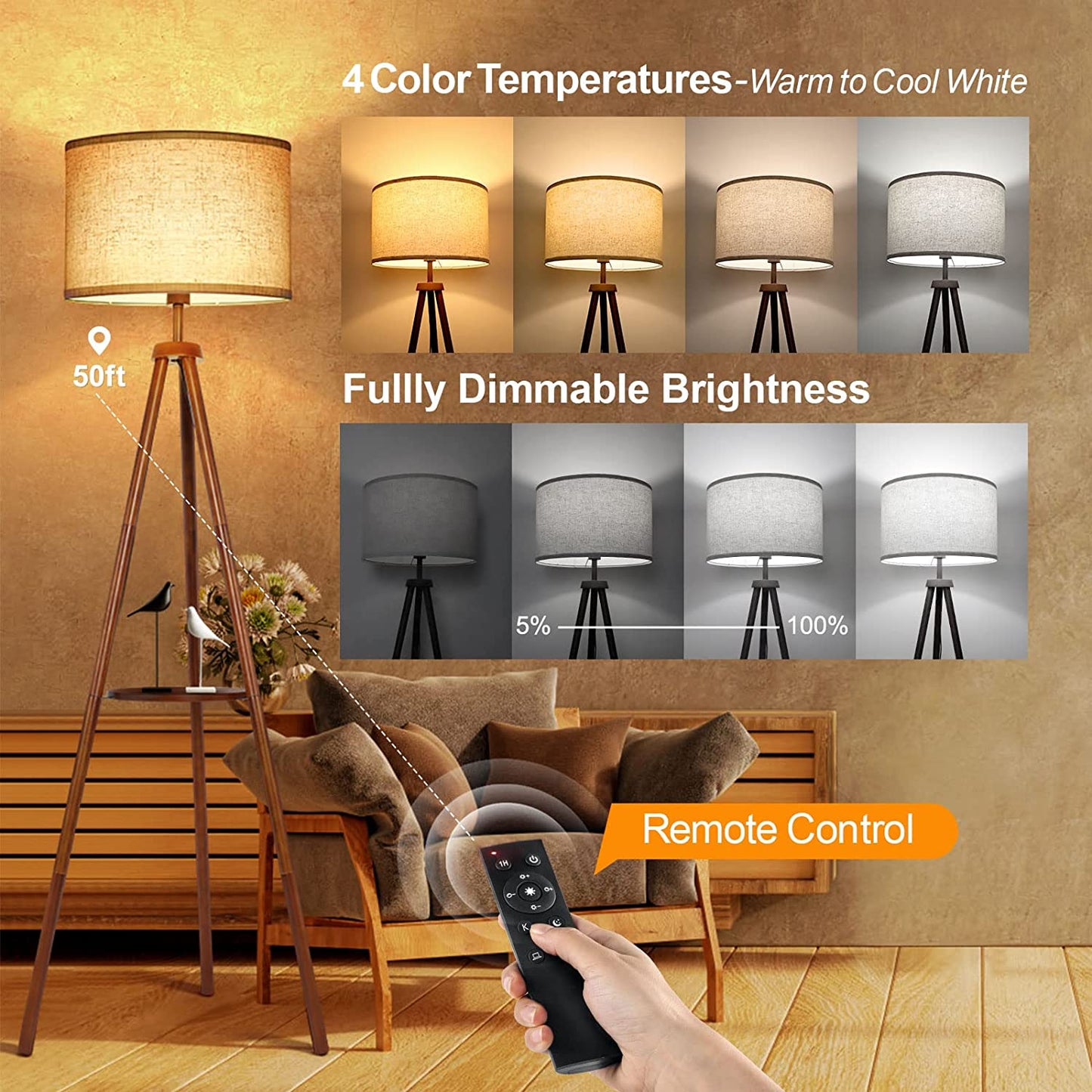 OUTON 63" Dimmable Tripod Floor Lamp Wood with Shelf Remote Control