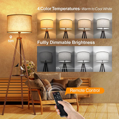 OUTON 63" Dimmable Tripod Floor Lamp Wood with Shelf Remote Control