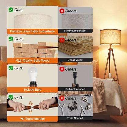 OUTON 63" Dimmable Tripod Floor Lamp Wood with Shelf Remote Control