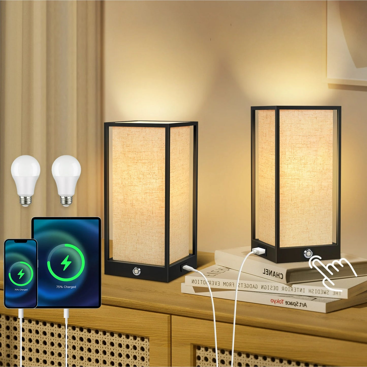 OUTON Bedside Table Lamp Set of 2, 3 Way Touch Control Nightstand USB Ports, Small Desk Lamp with Linen Fabric Shade for Bedroom, Living Room, Bulbs Included, Black