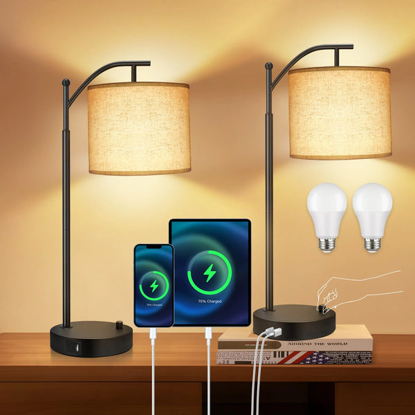 thumbnail image 2 of Dott Arts Table Lamp For Bedroom Set Of 2, USB Bedside Lamp With AC Outlets Nightstand Lamp 2 of 12