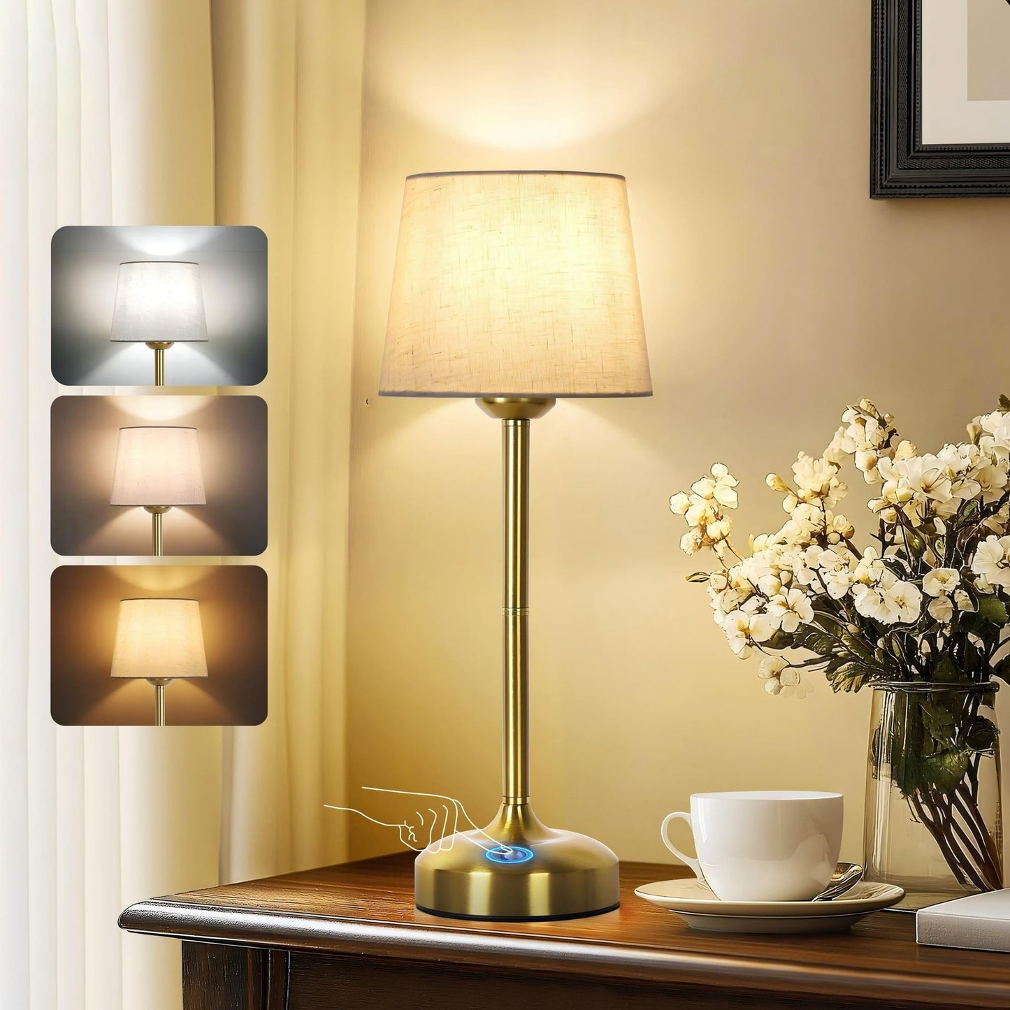 OUTON Touch Control Table Lamp for Living Room, 3-Way Dimmable Nightstand Bedside Lamp with Linen Fabric Shade for Bedroom Office, Gold