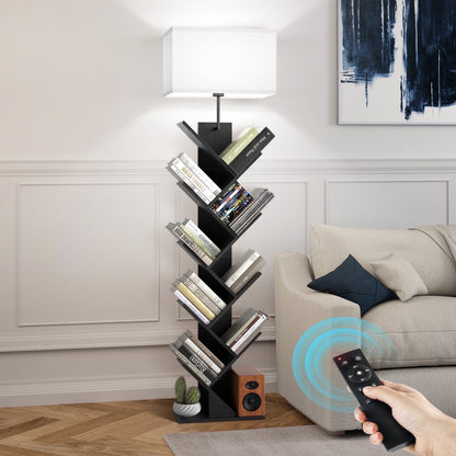 OUTONLIFE Floor Lamp with Remote,Tree Bookshelf with Light, 9-Tier Floor Standing Bookcase for Living Room Bedroom, Office,Black