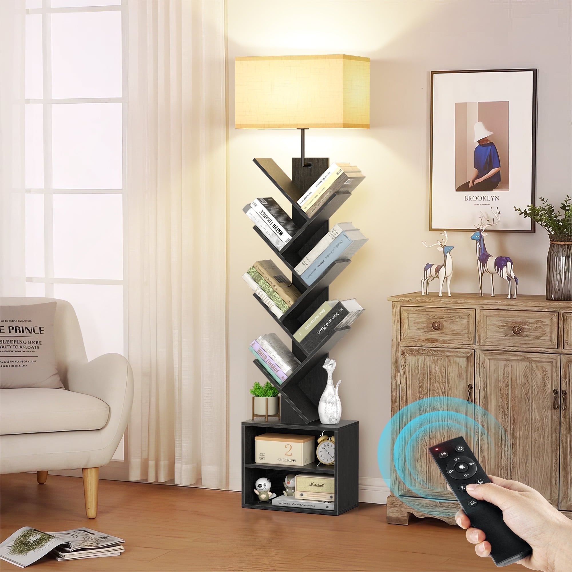 OUTONLIFE Floor Lamp with Remote,Tree Bookshelf with Light, 6-Tier Coner Bookcase with Drawer for Living Room Bedroom, Office, Black