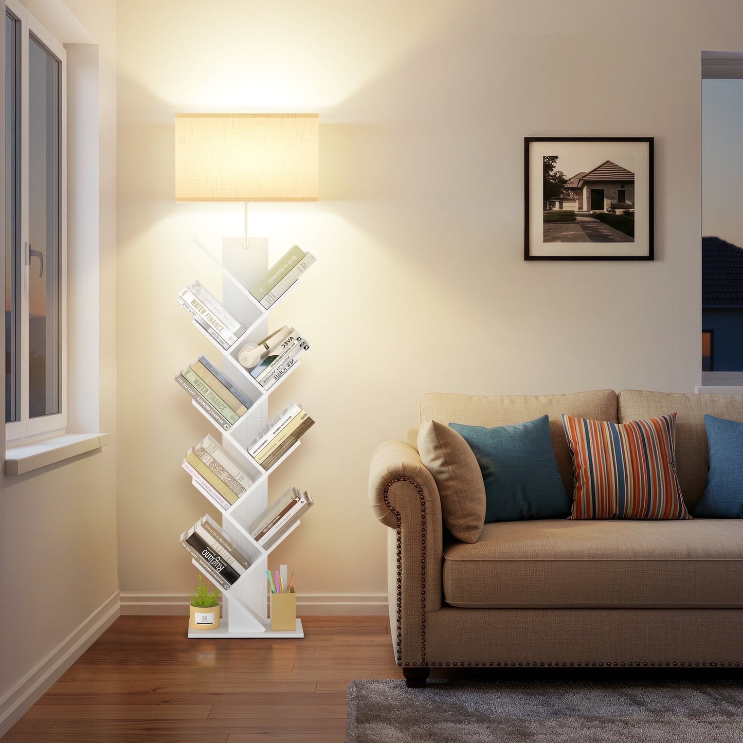 OUTONLIFE Floor Lamp with Remote,Tree Bookshelf with Light, 9-Tier Floor Standing Bookcase for Living Room Bedroom, Office, White