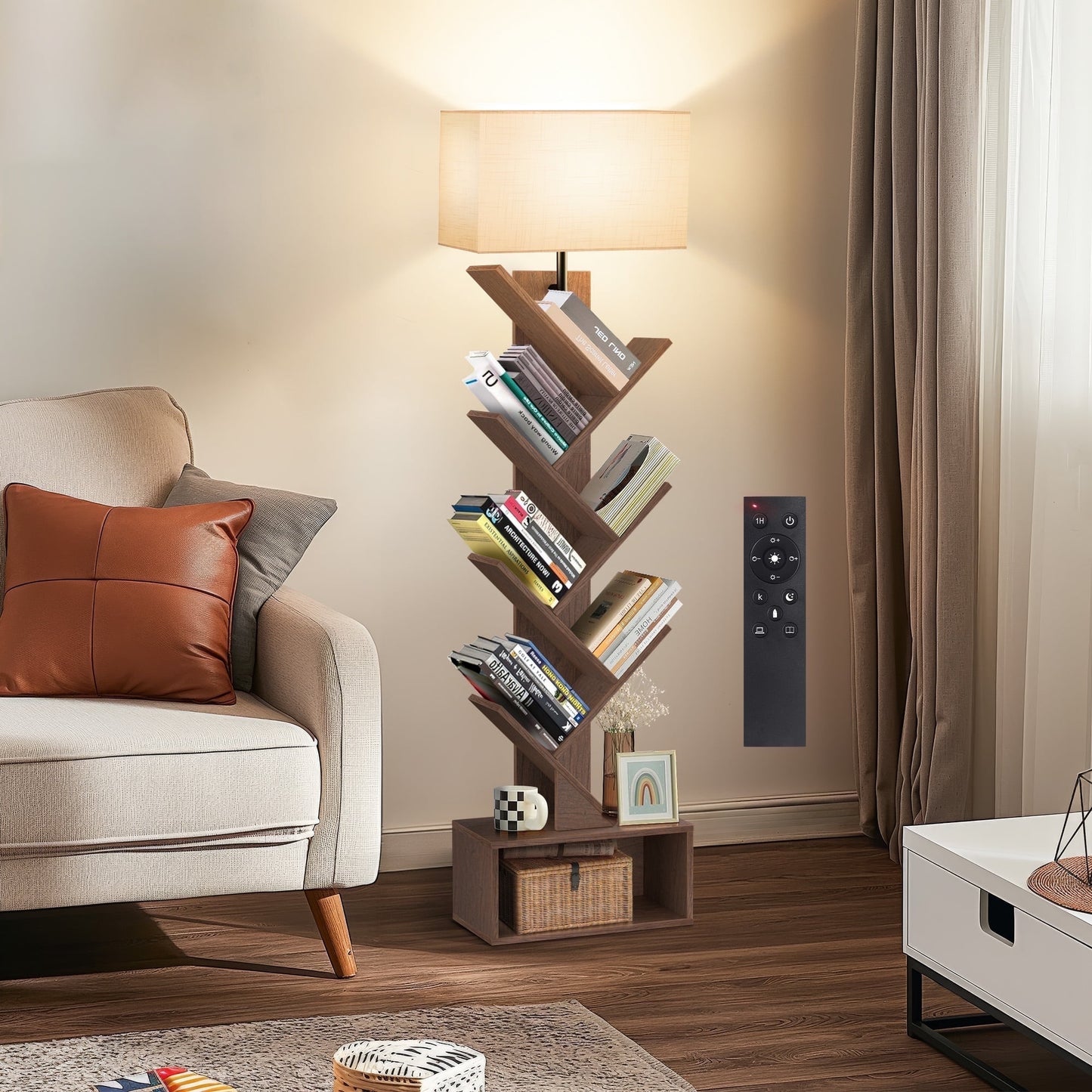 OUTONLIFE Tree Bookshelf with Light, 6-Tier Floor Standing Bookcase with Drawer for Living Room Bedroom, Office, Walnut