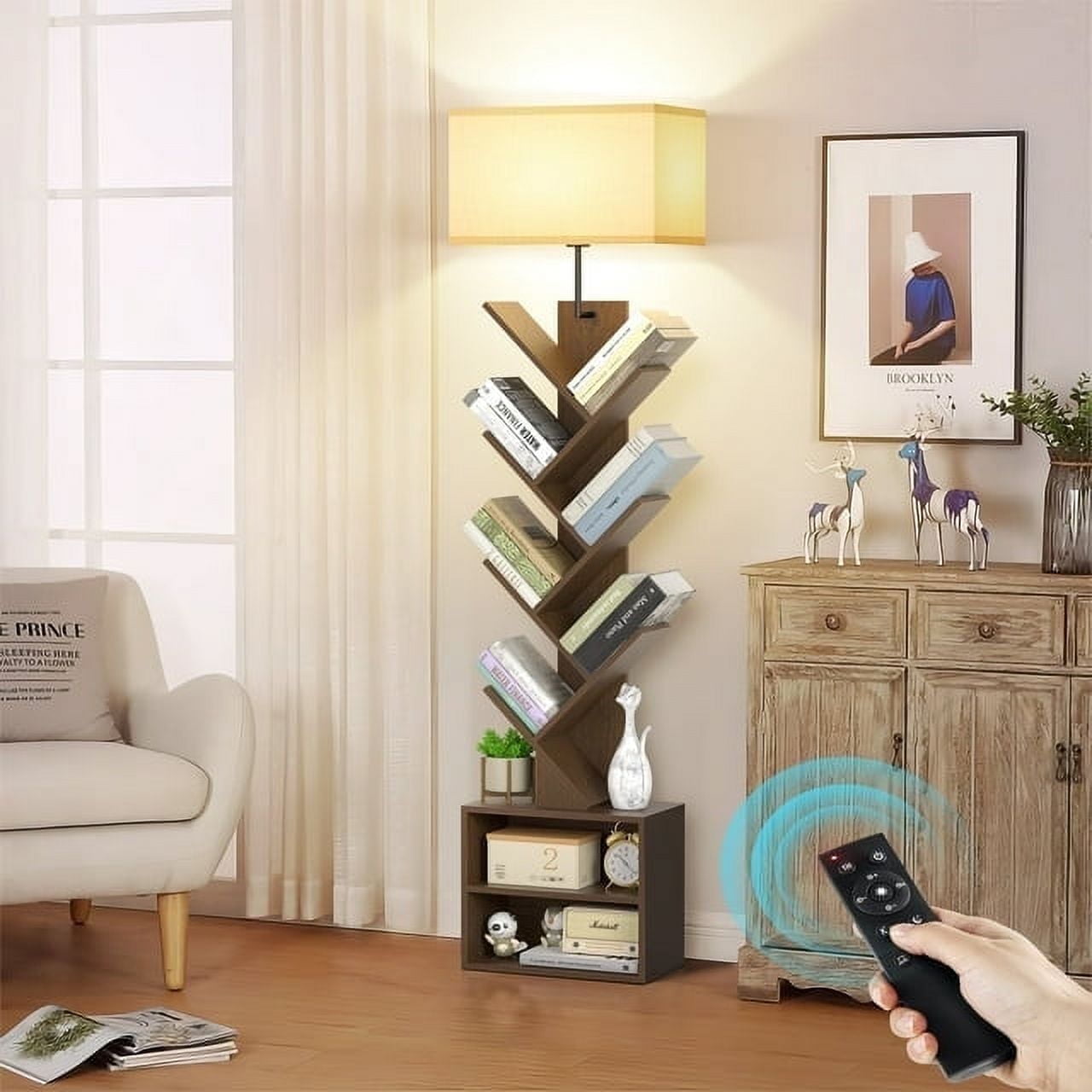 OUTONLIFE Tree Bookshelf with Light, 6-Tier Floor Standing Bookcase with Drawer for Living Room Bedroom, Office, Walnut