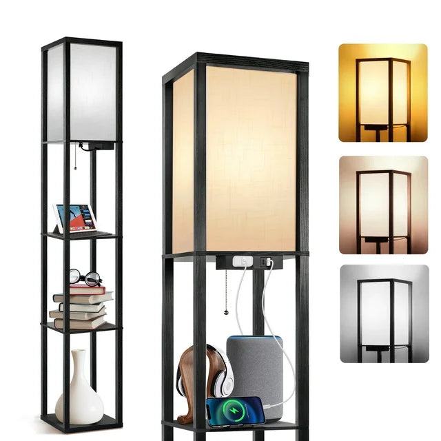 Outon Floor Lamp with Shelves, USB Port, 63.7'' Linen Shade Memory Function Shelf Floor Lamp Tall Wood Standing Floor Lamps for Living Room, Bedroom（Black）