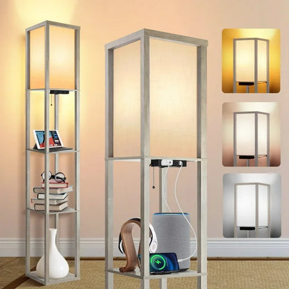 Outon Floor Lamp with Shelves, USB Port, Linen Shade 63.7'' Memory Function Tall LED Wood Shelf Floor Lamp for Living Room, Bedroom(Grey)