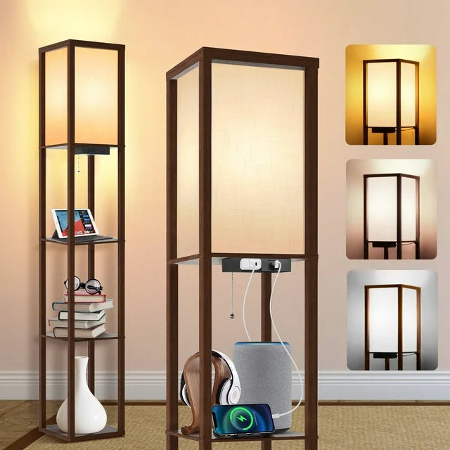 Outon Floor Lamp with Shelves, USB Port, Linen Shade 63.7'' Memory Function Tall LED Wood Shelf Floor Lamp for Living Room, Bedroom（Walnut）
