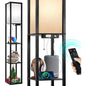 Outon Floor Lamp with Shelves, USB Port, Remote Linen Shade 63.7'' Memory Function Tall LED Wood Shelf Floor Lamp for Living Room, Bedroom