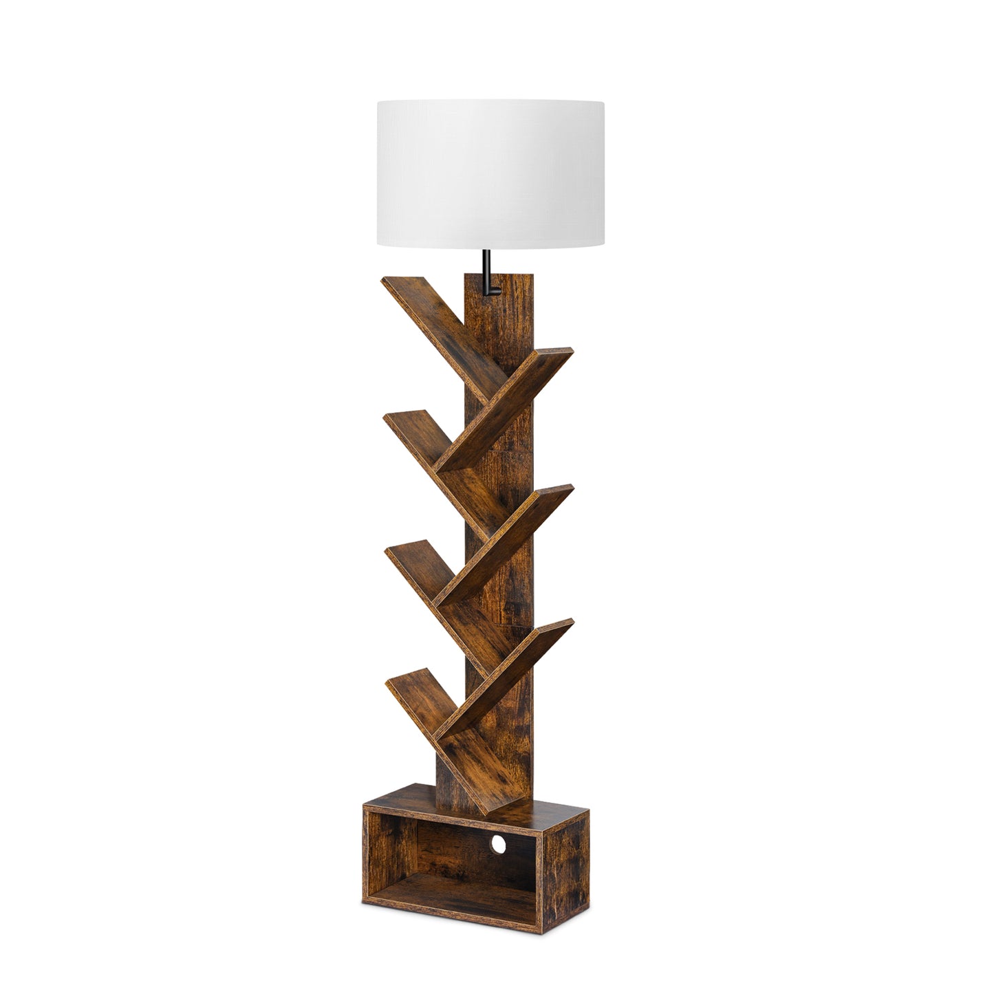 OUTONLIFE Tree Bookshelf with Light, 7-Tier Floor Standing Bookcase with Drawer for Living Room Bedroom Office, Round Brown