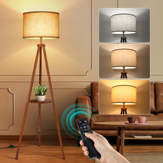 OUTON 63" Dimmable Tripod Floor Lamp Wood with Shelf Remote Control