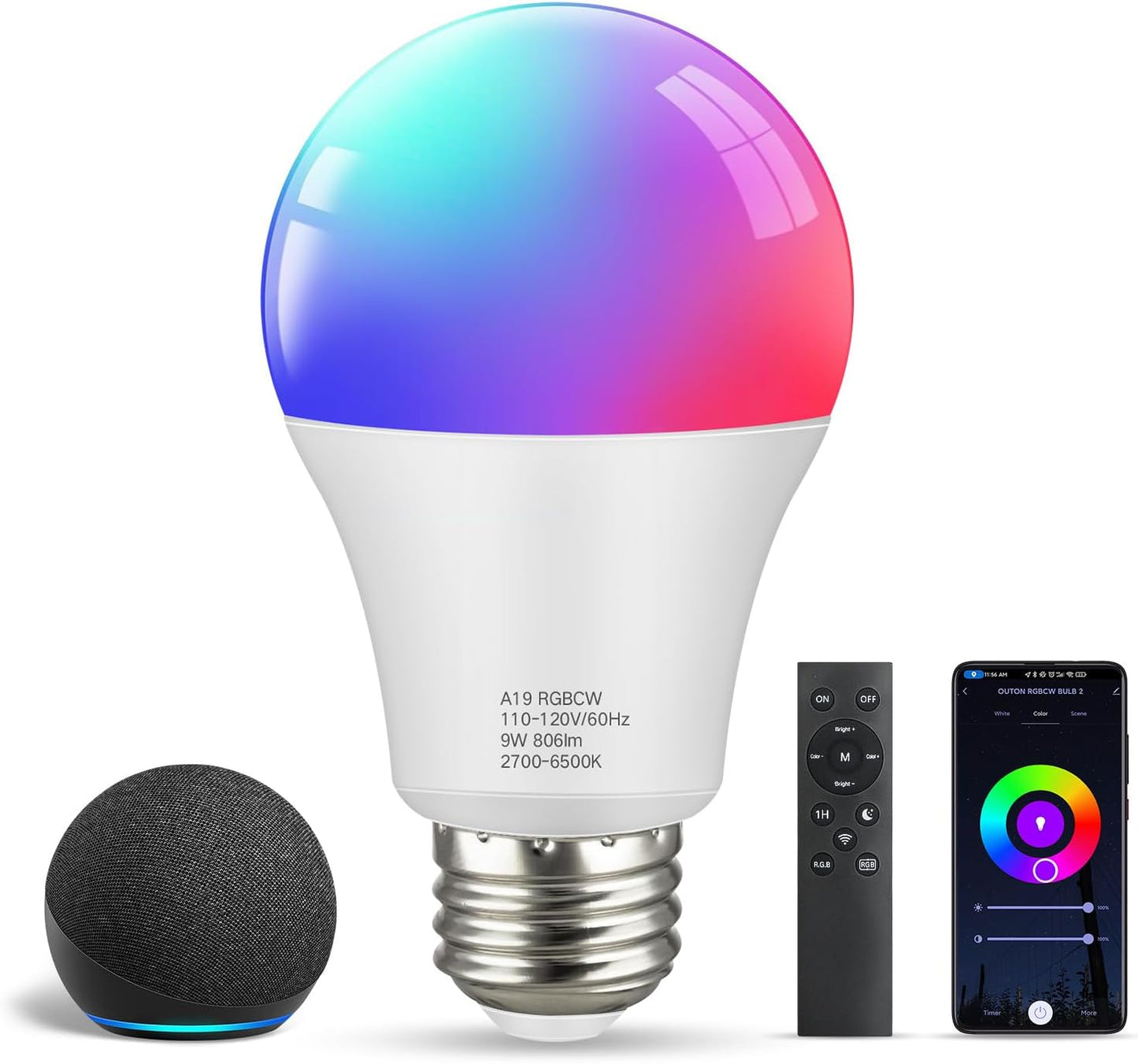 OUTON Smart RGB LED Light Bulb, WiFi & Bluetooth, 16 Million DIY Colors with Remote Control, Work with Alexa, Google Assistant, E26 Base