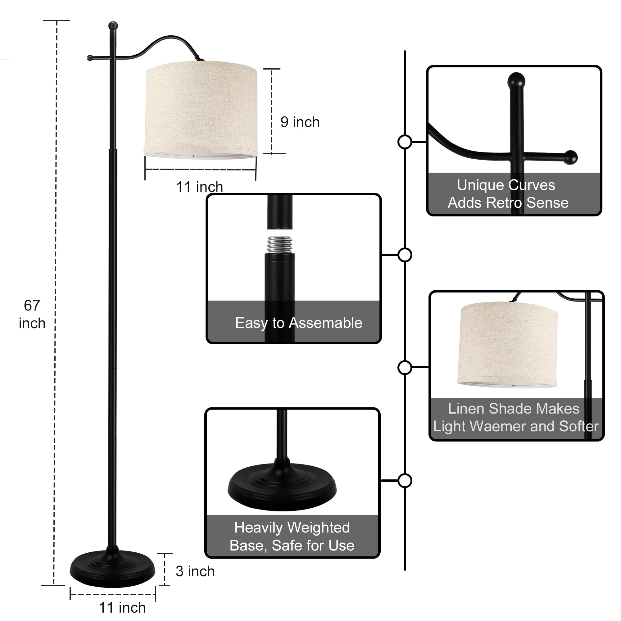 OUTON Arc Floor Lamp with Remote, 67" Retro Standing Lamp with 4 Color Temperatures, Metal Tall Lamps for Living Room Bedroom, 9W Bulb Included