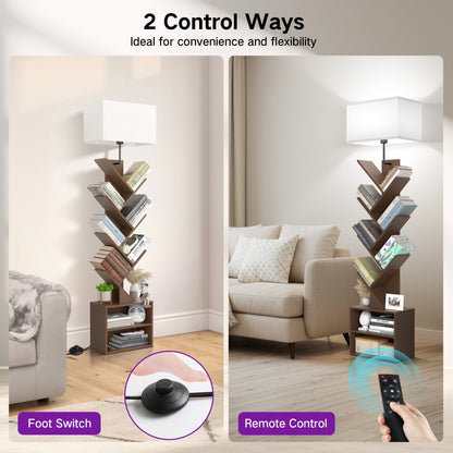 OUTONLIFE Tree Bookshelf with Light, 6-Tier Floor Standing Bookcase with Drawer for Living Room Bedroom, Office, Walnut
