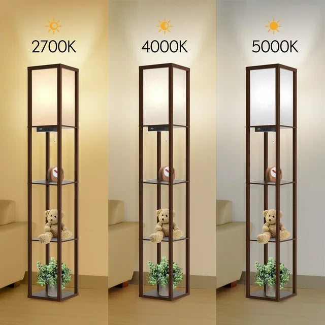 Outon Floor Lamp with Shelves, USB Port, Linen Shade 63.7'' Memory Function Tall LED Wood Shelf Floor Lamp for Living Room, Bedroom（Walnut）