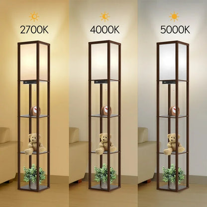Outon Floor Lamp with Shelves, USB Port, Linen Shade 63.7'' Memory Function Tall LED Wood Shelf Floor Lamp for Living Room, Bedroom（Walnut）