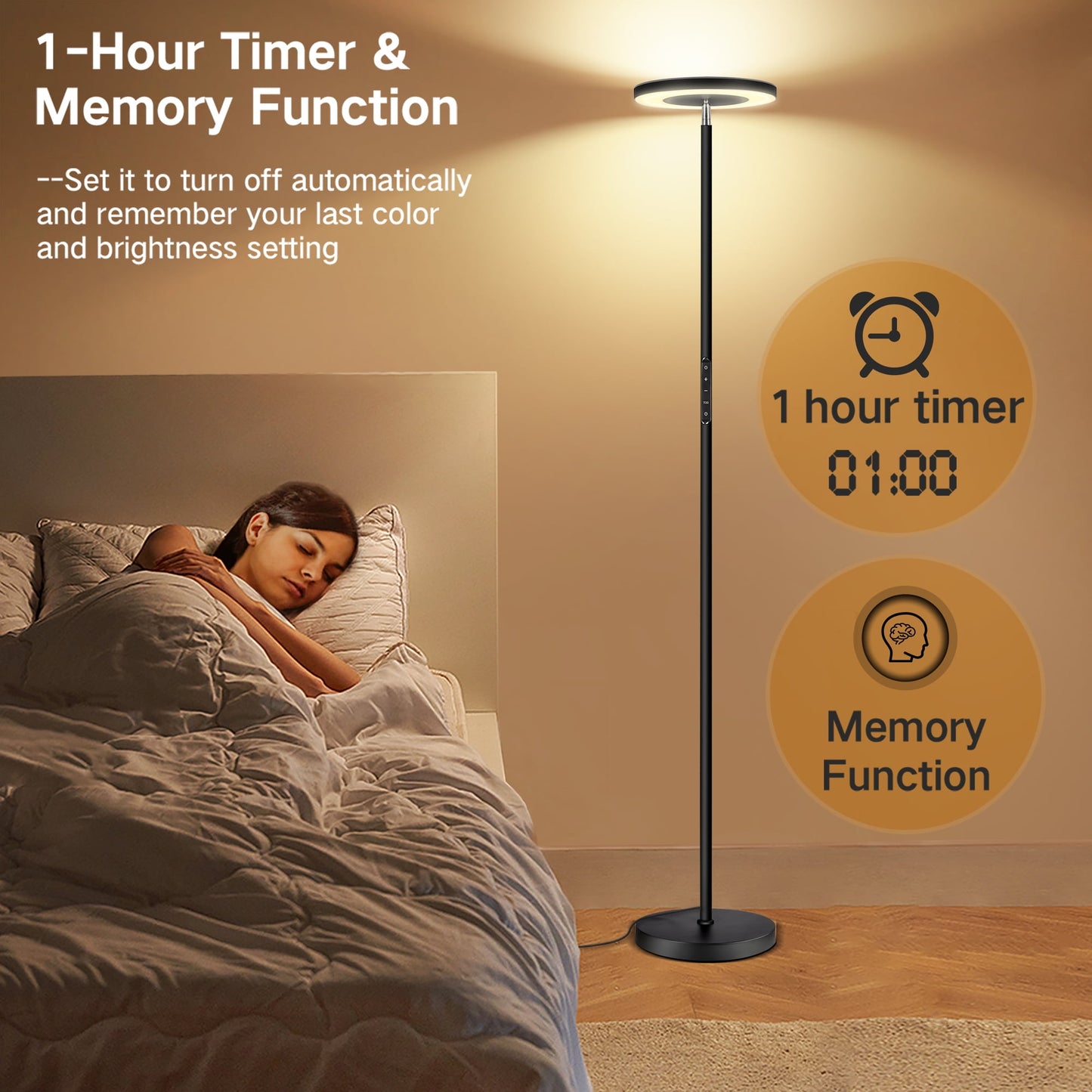 OUTON 71" Torchiere LED Floor Lamp with Remote and Touch Control, Super Bright 4 Color Temperature Standing Light with Double Side Lighting, Black