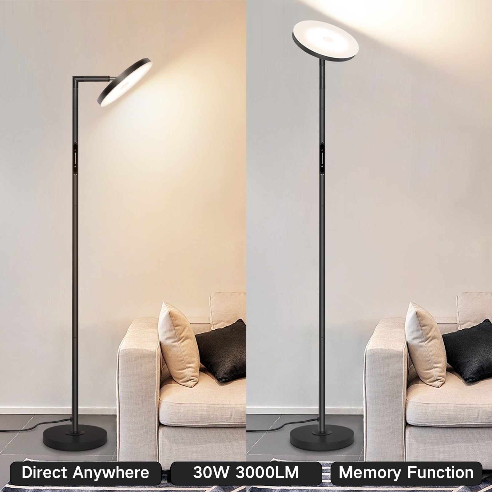 OUTON 70'' LED Floor Lamp, 30W Torchiere Super Bright Reading Floor Lamp for Living Room with Stepless Adjustable 2700K-6500K Colors&Dimmer, Remote&Touch Control