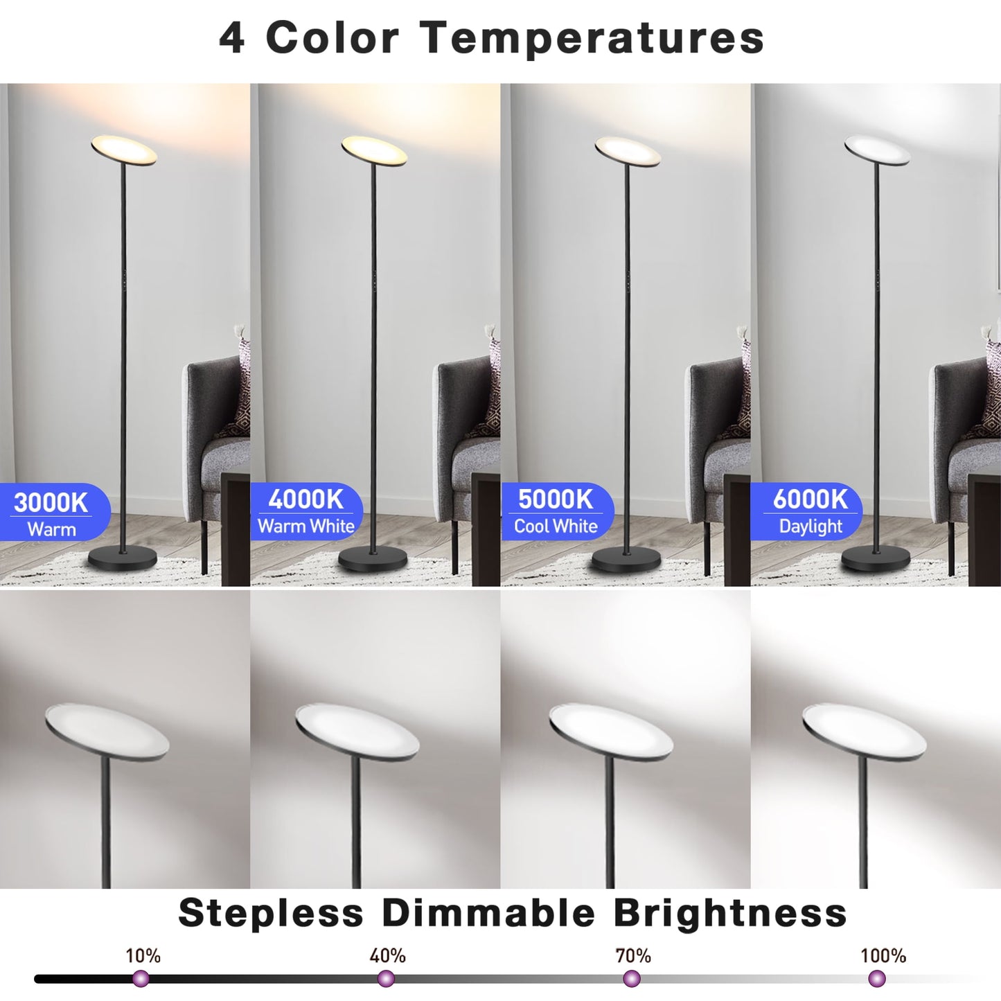 OUTON 71" Torchiere LED Floor Lamp with Remote and Touch Control, Super Bright 4 Color Temperature Standing Light with Double Side Lighting, Black