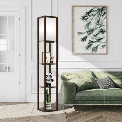 Outon Floor Lamp with Shelves, USB Port, Linen Shade 63.7'' Memory Function Tall LED Wood Shelf Floor Lamp for Living Room, Bedroom（Walnut）