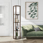 Outon Floor Lamp with Shelves, USB Port, Linen Shade 63.7'' Memory Function Tall LED Wood Shelf Floor Lamp for Living Room, Bedroom（Walnut）