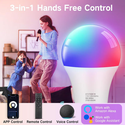 OUTON Smart RGB LED Light Bulb, WiFi & Bluetooth, 16 Million DIY Colors with Remote Control, Work with Alexa, Google Assistant, E26 Base