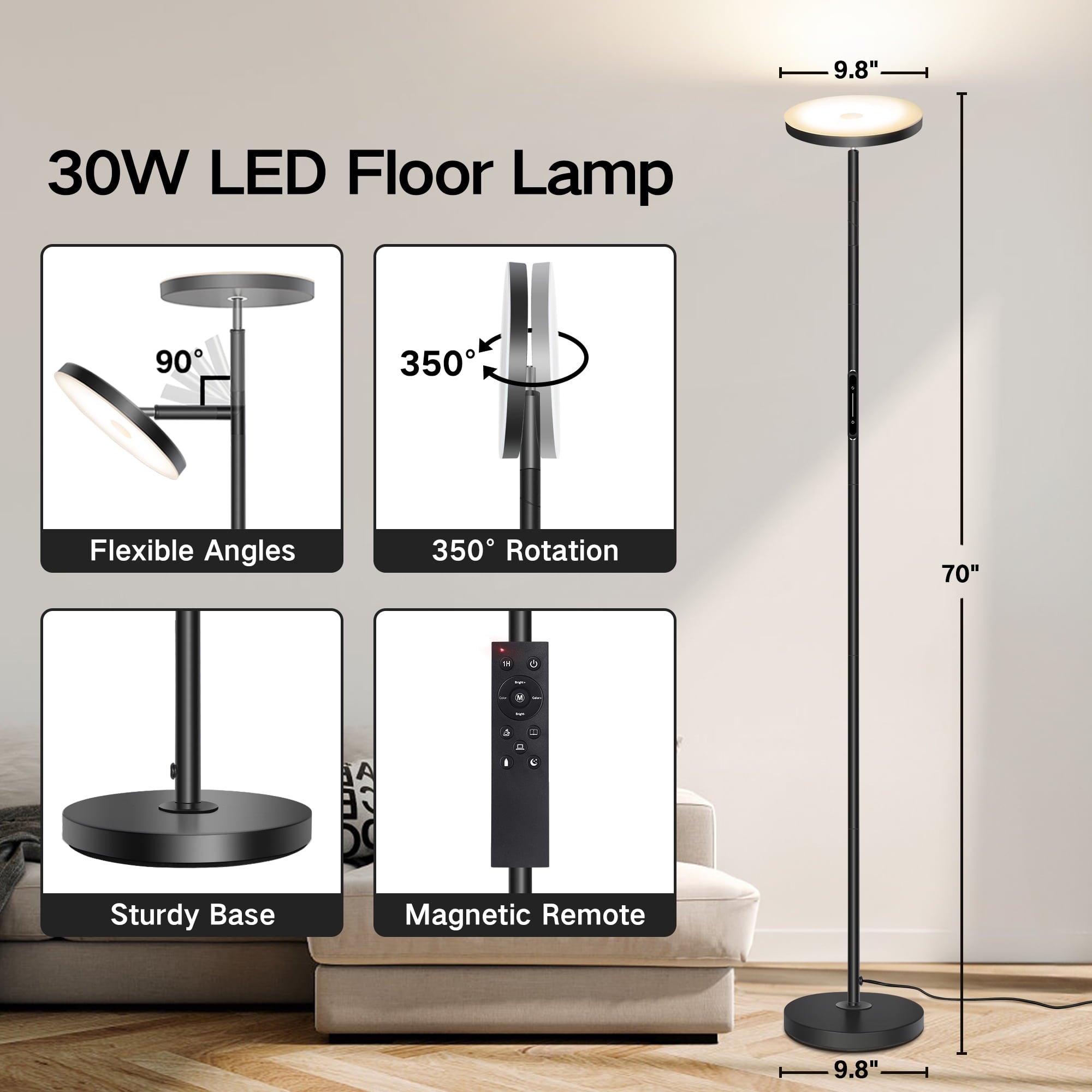 OUTON 70'' LED Floor Lamp, 30W Torchiere Super Bright Reading Floor Lamp for Living Room with Stepless Adjustable 2700K-6500K Colors&Dimmer, Remote&Touch Control