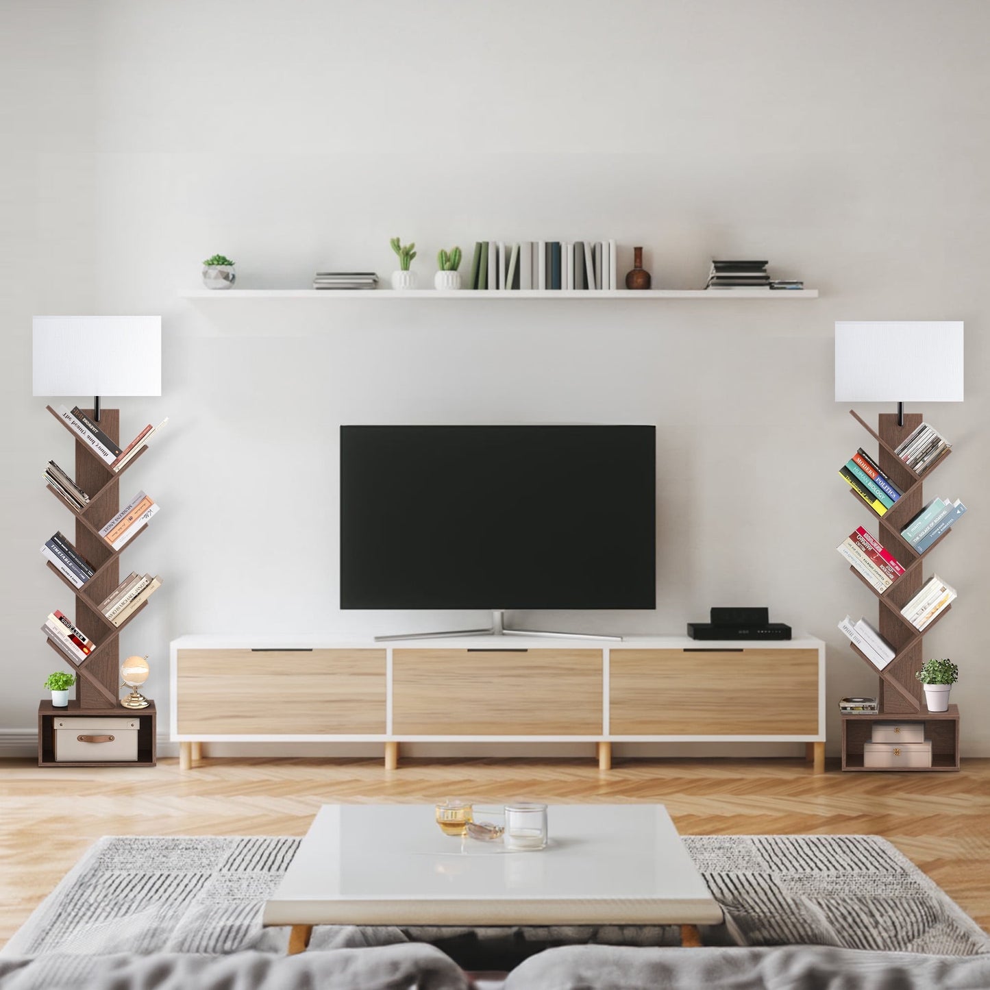 OUTONLIFE Tree Bookshelf with Light, 6-Tier Floor Standing Bookcase with Drawer for Living Room Bedroom, Office, Walnut