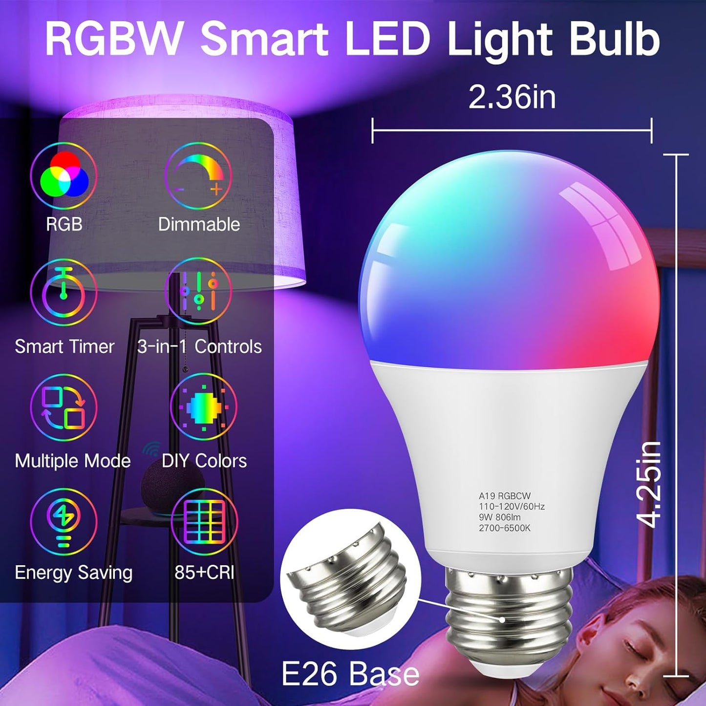 OUTON Smart RGB LED Light Bulb, WiFi & Bluetooth, 16 Million DIY Colors with Remote Control, Work with Alexa, Google Assistant, E26 Base