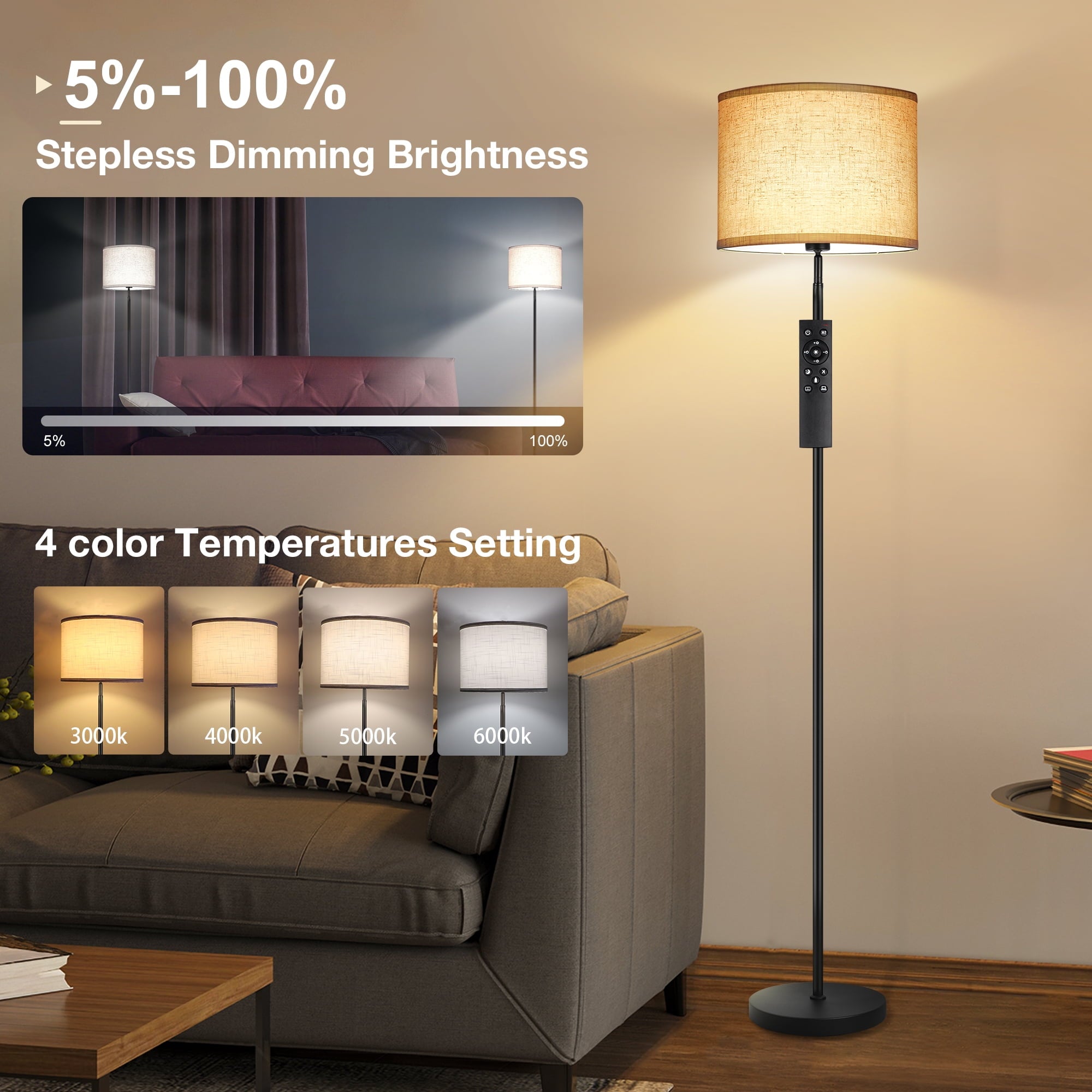 OUTON Floor Lamps for Living Room with Remote Control, 4 Color Temperatures Pole Lamps with Linen Shade for Bedroom, Office