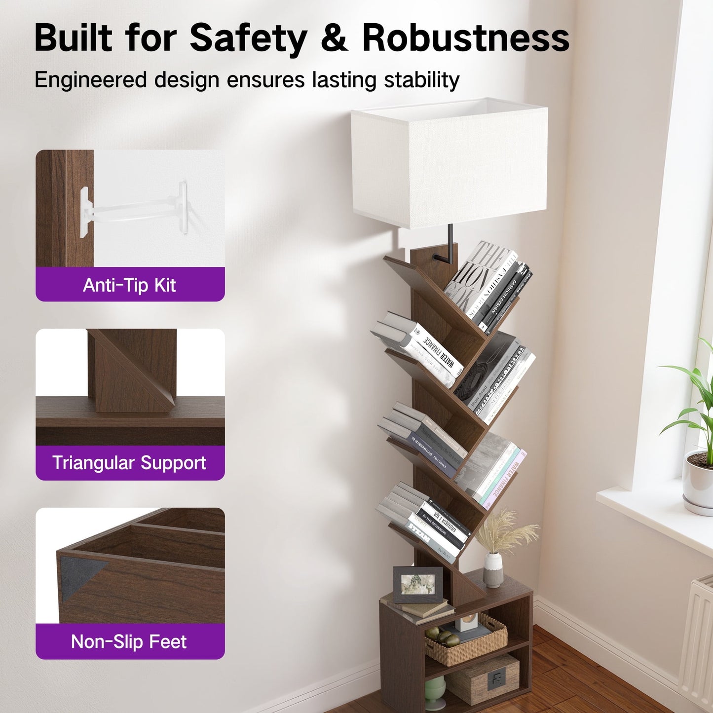 OUTONLIFE Tree Bookshelf with Light, 6-Tier Floor Standing Bookcase with Drawer for Living Room Bedroom, Office, Walnut