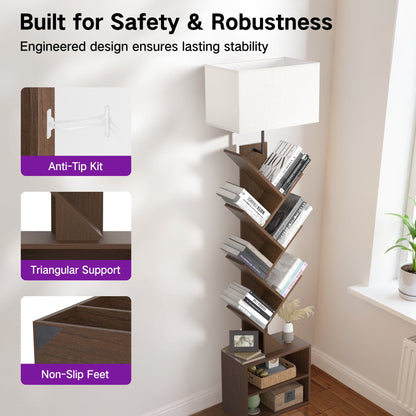 OUTONLIFE Tree Bookshelf with Light, 6-Tier Floor Standing Bookcase with Drawer for Living Room Bedroom, Office, Walnut