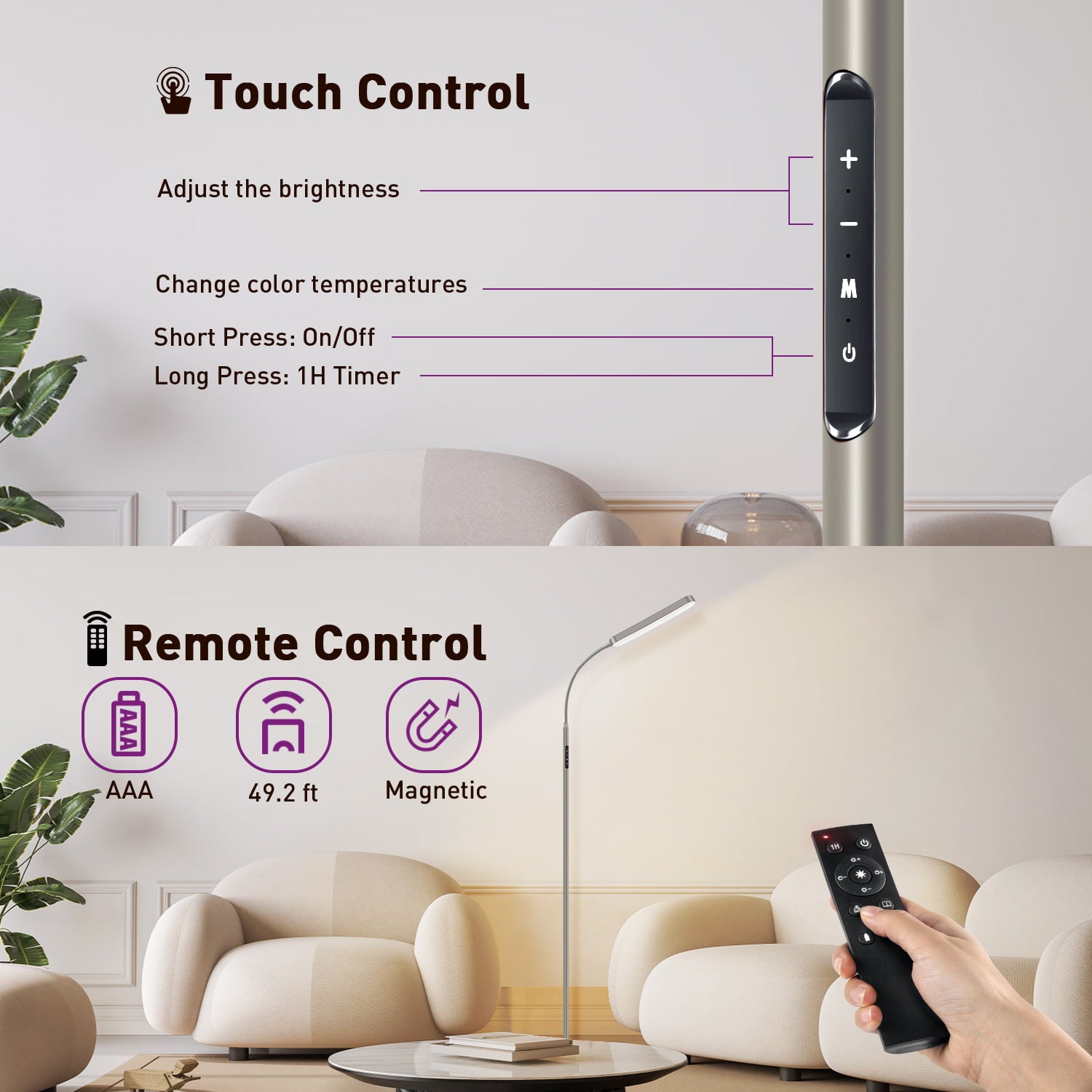 Outon LED Reading Floor Lamp with Remote &Touch Control-4 Color Temperature Standing Light for Living Room, Bedroom