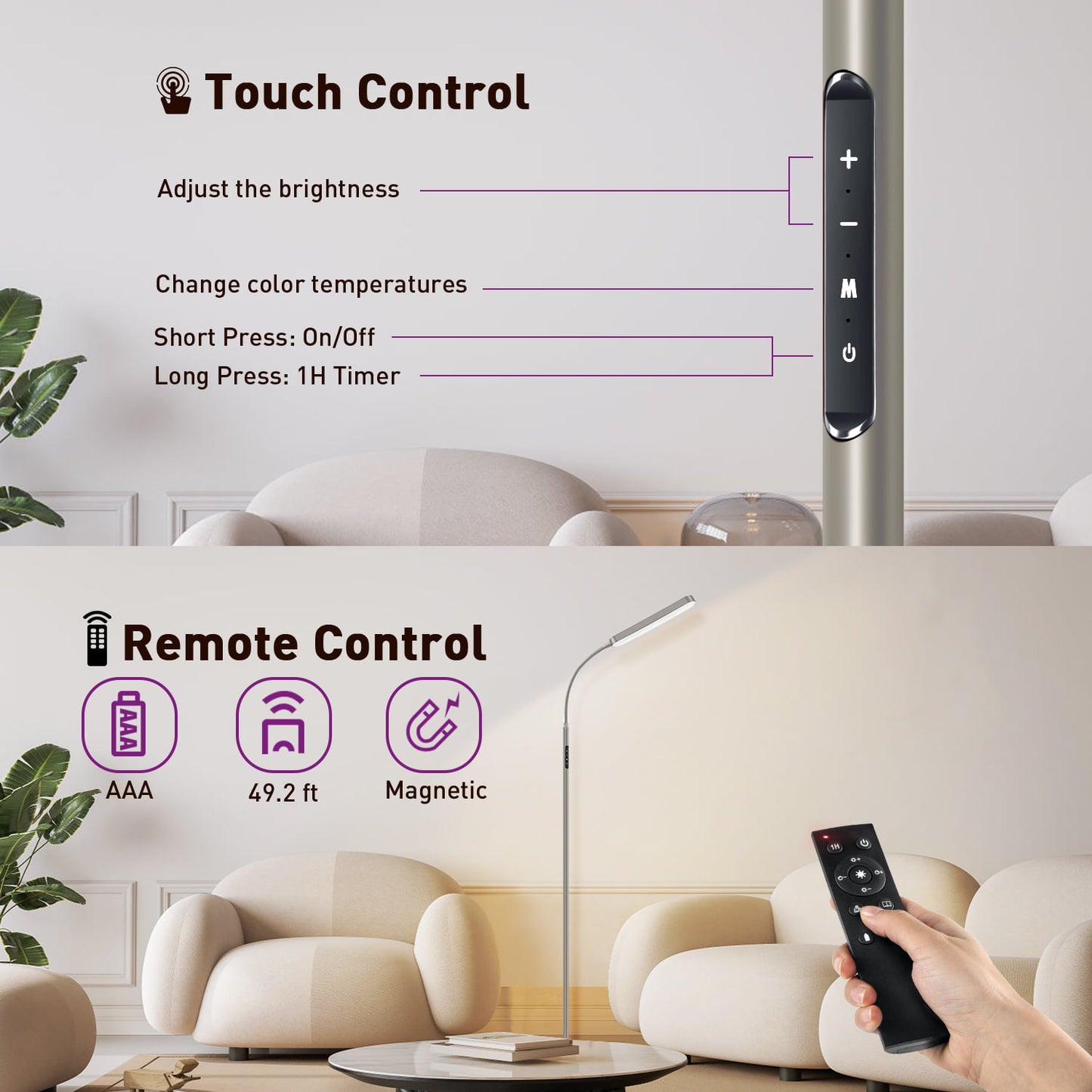 OUTON 15W LED Reading Floor Lamp with Remote & Touch Control-4 Color Temperature