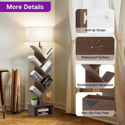 OUTONLIFE Tree Bookshelf with Light, 6-Tier Floor Standing Bookcase with Drawer for Living Room Bedroom, Office, Walnut