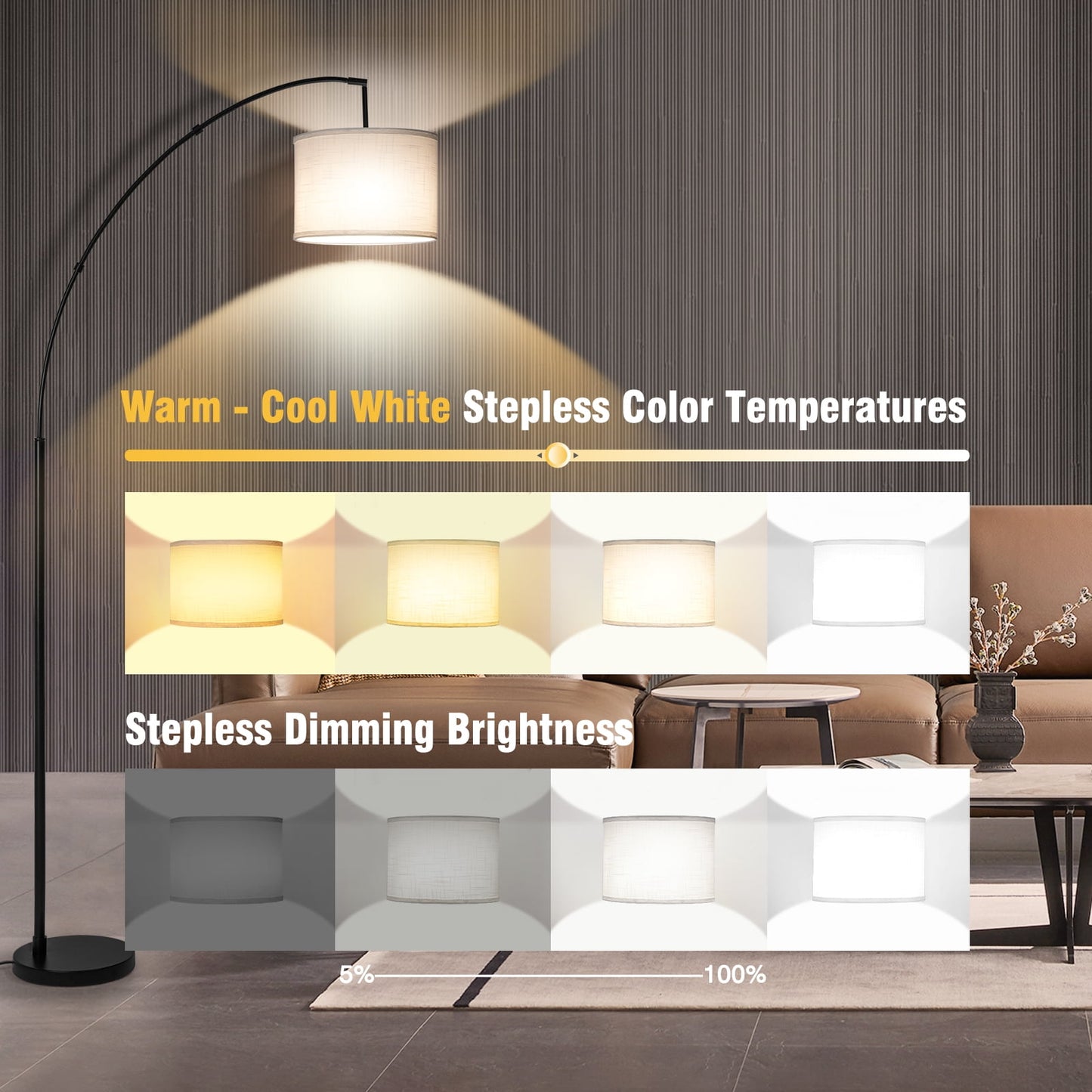 Outon 81" Arc Floor Lamp, 4CCT LED Modern Floor Lamps with 360° Rotatable Hanging Linen Shade Standing Lamps for Living Room, Bedroom