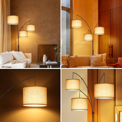OUTON 3 Light Floor Lamp, 80" Mordern Standing Lamp with Linen Lamp Shade, Arc Floor Lamp for Living Room, Bedroom, Office, 3 Bulbs Includes(Black)