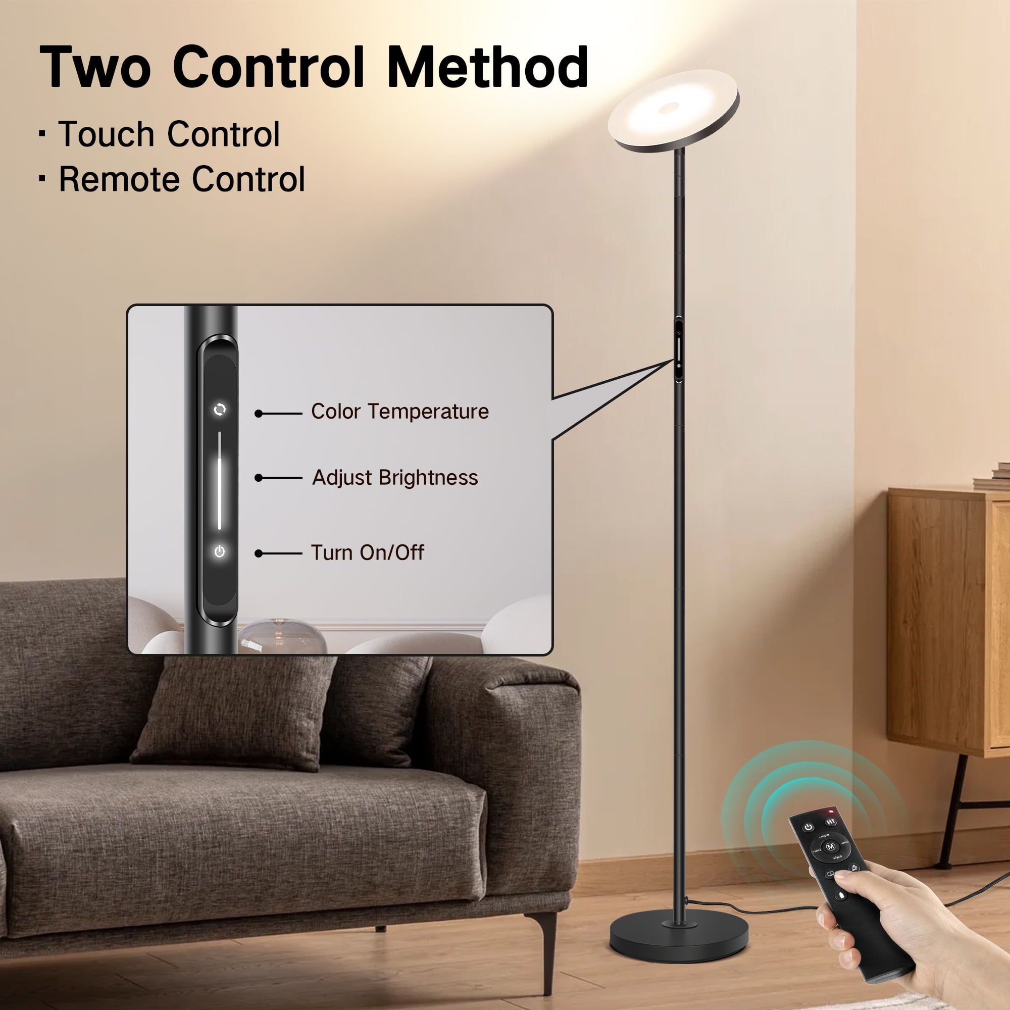 OUTON 70'' LED Floor Lamp, 30W Torchiere Super Bright Reading Floor Lamp for Living Room with Stepless Adjustable 2700K-6500K Colors&Dimmer, Remote&Touch Control