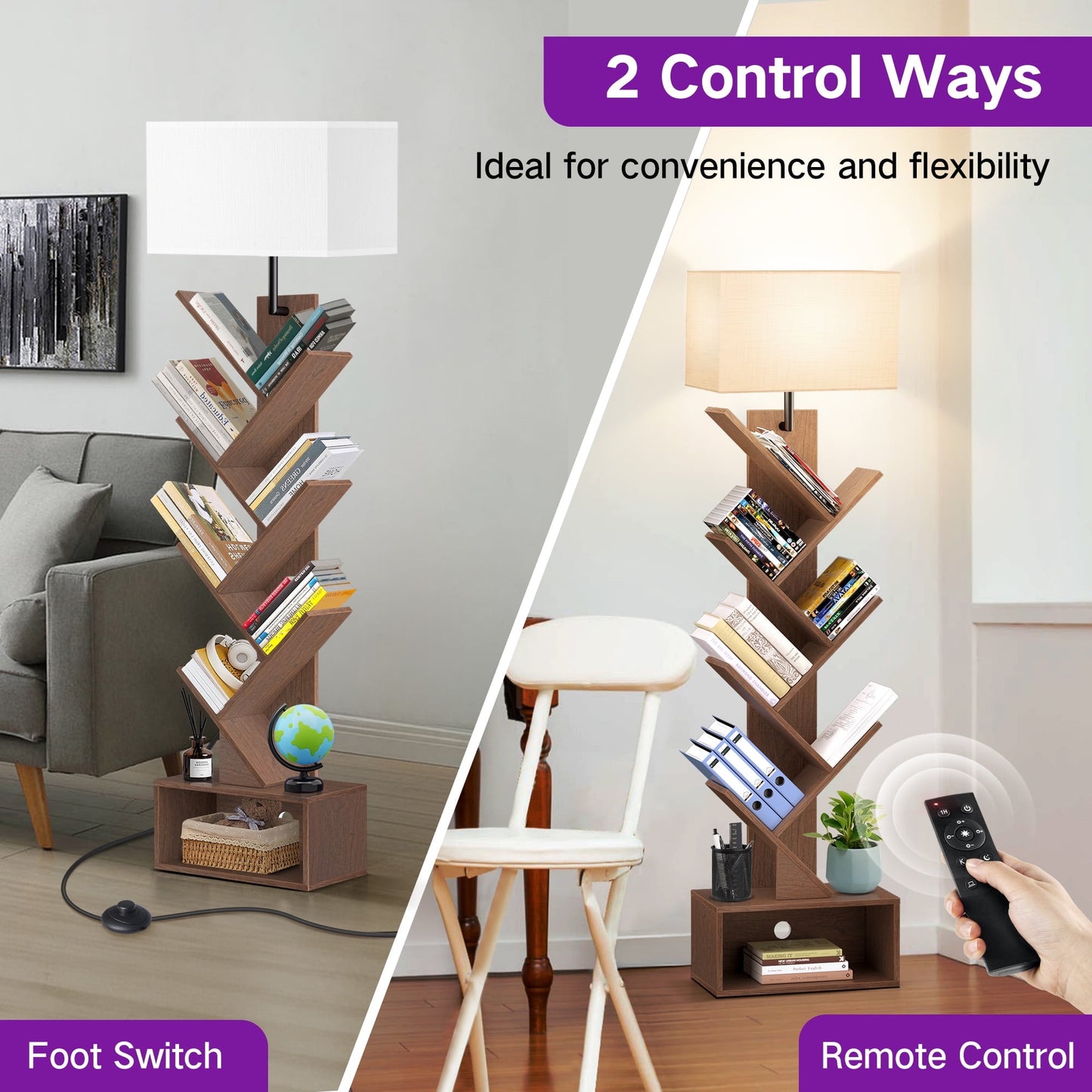 OUTONLIFE Tree Bookshelf with Light, 6-Tier Floor Standing Bookcase with Drawer for Living Room Bedroom, Office, Walnut
